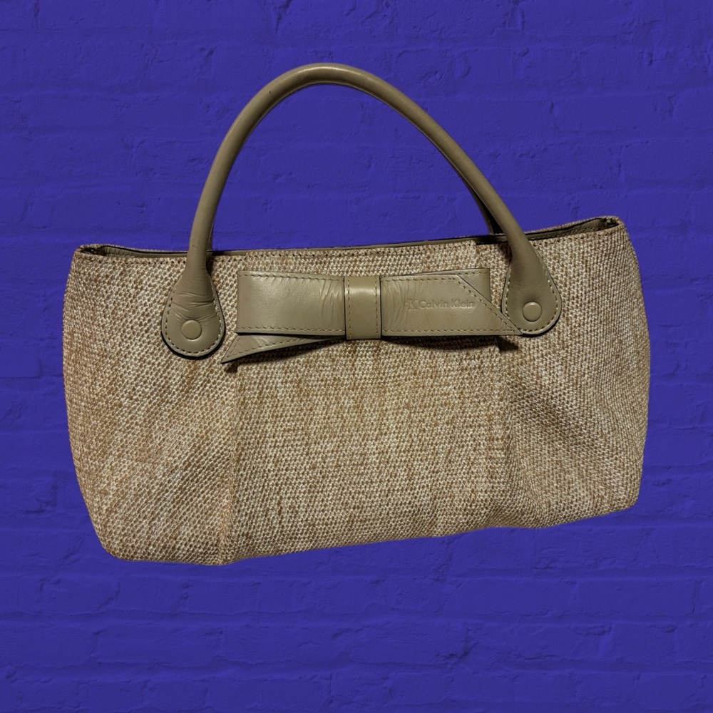 Calvin Klein tan and gray RARE tweed and leather bow hand bag